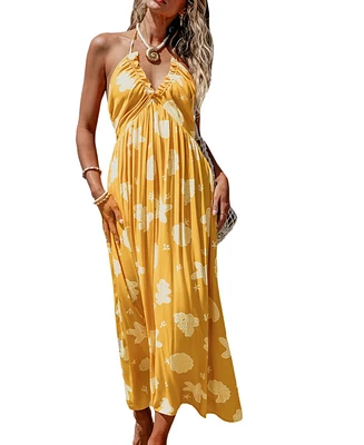 Cupshe Women's Yellow Seashell Plunging Halterneck Maxi Beach Dress