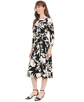 London Times Petite Printed 3/4-Sleeve Midi Dress