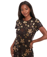 London Times Petite Floral-Sequin Short-Sleeve Dress