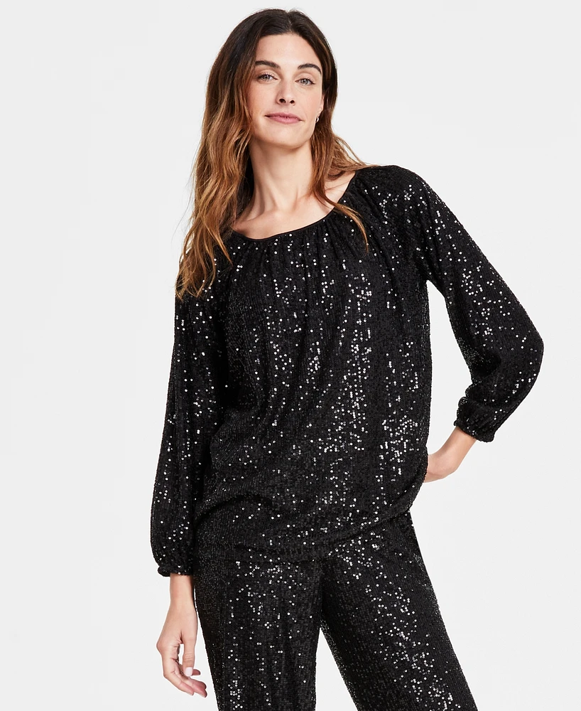 Jm Collection Women's Sequin Boat-Neck Top, Created for Macy's