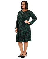 London Times Plus Printed Keyhole Long-Sleeve Dress