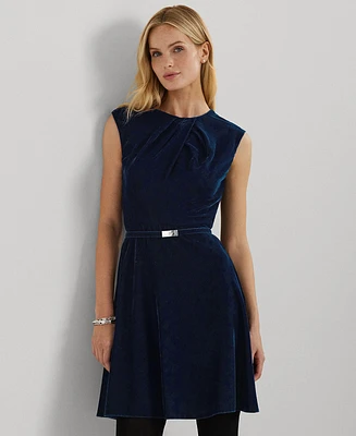 Lauren Ralph Petite Belted Velvet Cap-Sleeve Dress