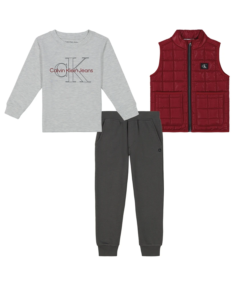 Calvin Klein Little Boys Long Sleeve Logo Tee, Fleece Joggers Quilted Microfiber Vest 3-Piece Set