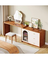 Tribesigns Modern Makeup Vanity, Retractable Large Vanity Desk with 3 Drawers and Cabinet, Makeup Corner Dressing Table for Bedroom, Walnut and White