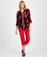 Warm Weather Look Jm Collection Womens Printed Split Neck Bell Sleeve Tunic Pull On Slim Fit Rivet Detail Cropped Pants Created For Macys