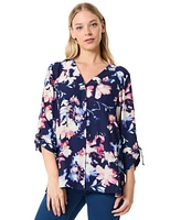 Jones New York Petite V-Neck Tab-Sleeve Printed Tunic