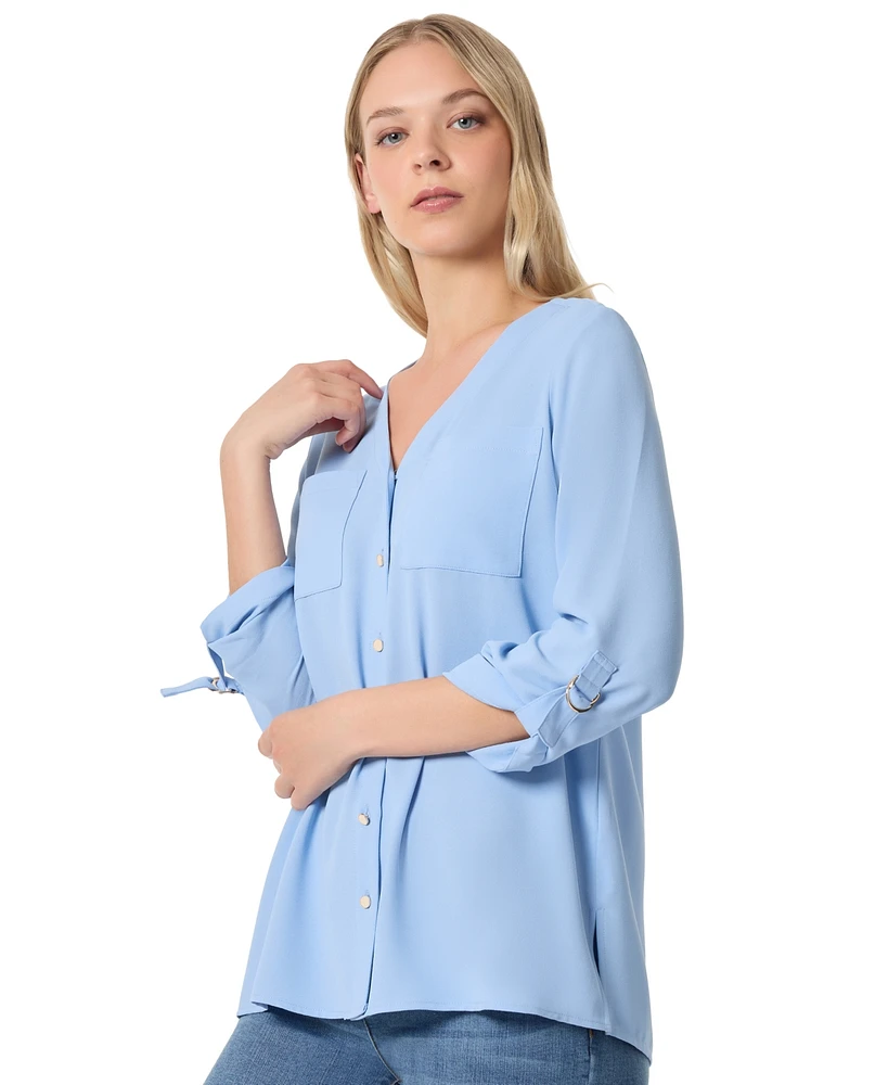 Jones New York Petite Collarless V-Neck Tunic Blouse