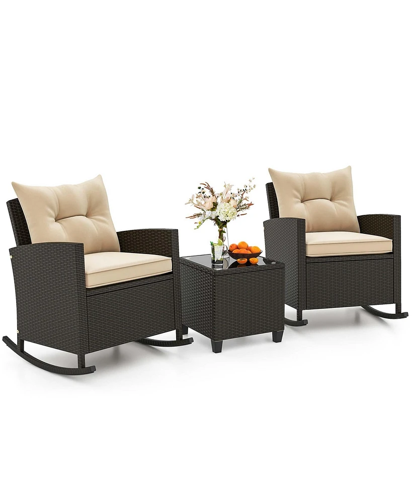 Costway 3 Pcs Patio Wicker Rocking Set with Tempered Glass Table & Soft Cushions Outdoor