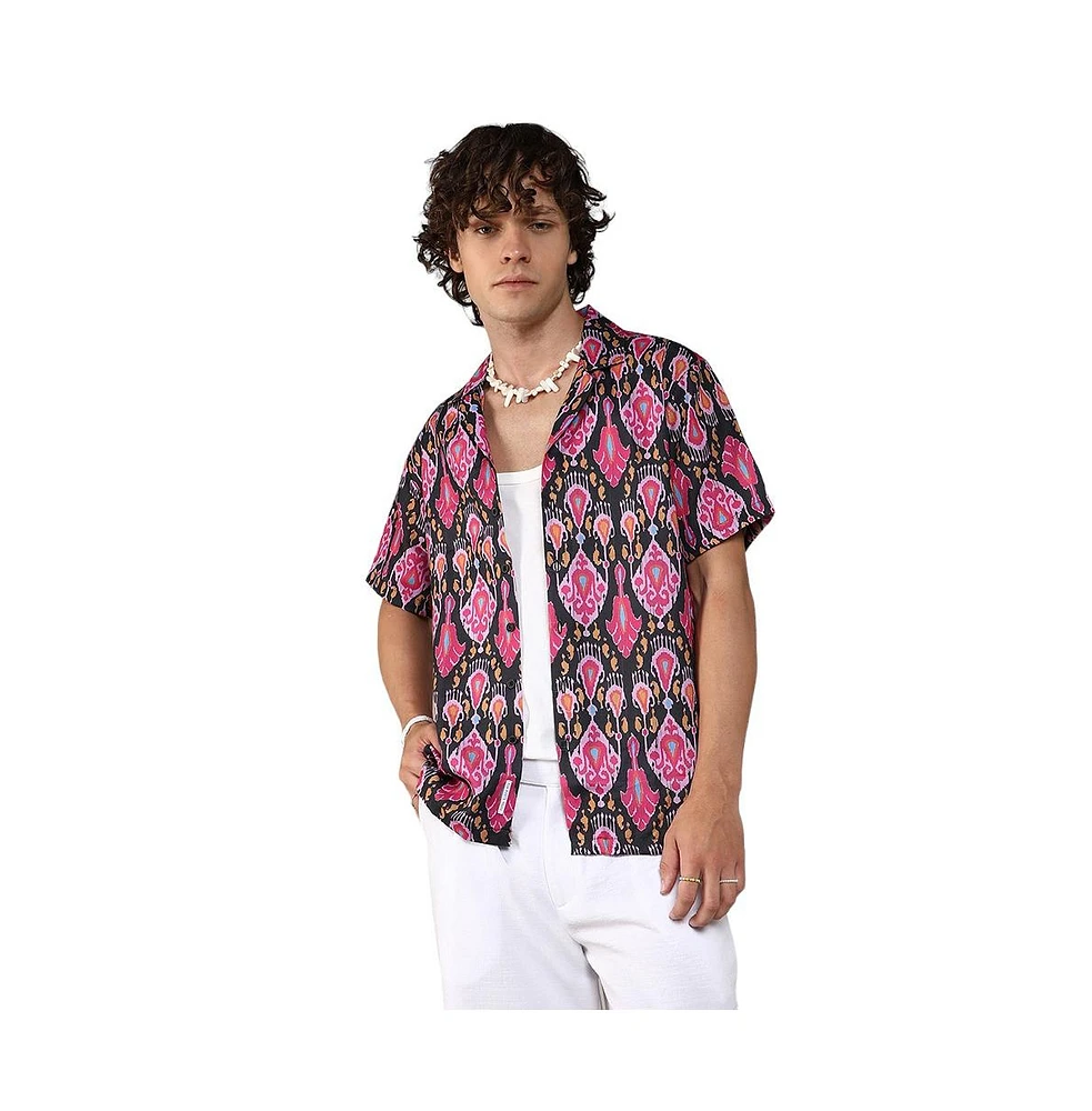 Campus Sutra Men's Midnight Black & Light Pink Ethnic Shirt