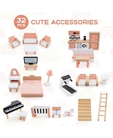 Costway Kids Wooden Dollhouse Aged 3-8 Years Old with 32PCS Realistic Furniture Accessories