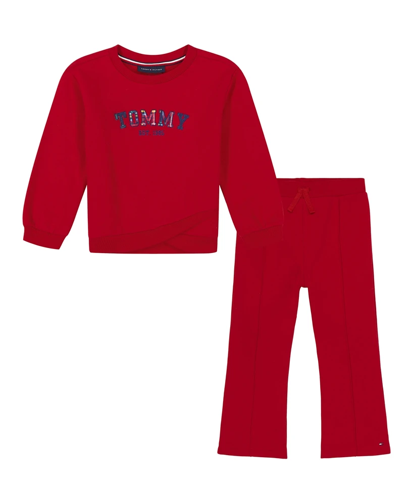 Tommy Hilfiger Toddler and Little Girls Fleece Crossover-Hem Crewneck Pants, 2 Piece Set