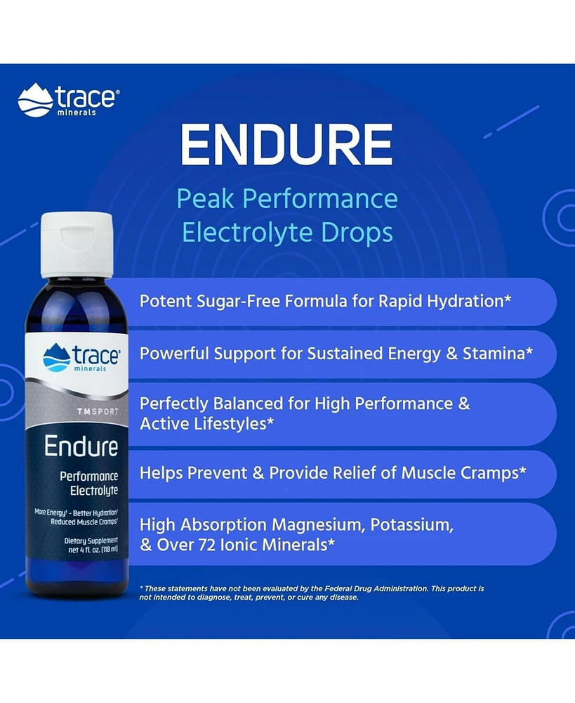 Trace Minerals Endure Performance Electrolyte Drops | Pure Full Spectrum Electrolytes | Magnesium & Potassium for Athletic Endurance | Sugar Free, Glu