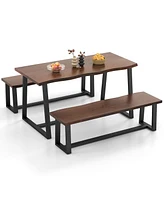 Costway 3 Pieces Dining Table Set 63" Large and 2 Long Benches for 4-6 People