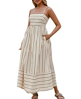 Cupshe Women's Beige Striped Sleeveless Square Neck Maxi Beach Dress