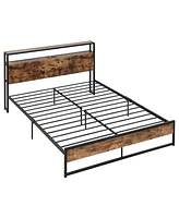 Gymax Queen Size Industrial Platform Bed Frame with Charging Station Storage Headboard