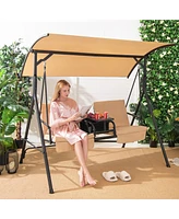 2-Person Canopy Porch Swing Padded Chair Cooler Bag Rotatable Tray Black