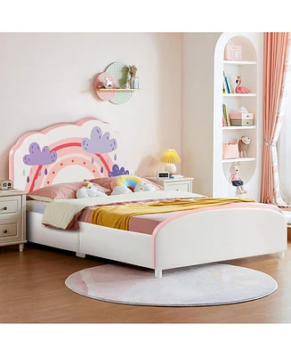 Costway Kids Upholstered Platform Bed Children Twin Size Wooden Bed Rainbow Pattern