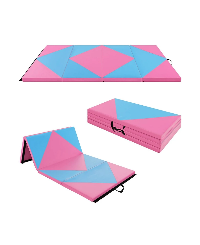 Vebreda 8 Feet Pu Leather Folding Gymnastics Mat with Hook and Loop Fasteners-Pink & Blue