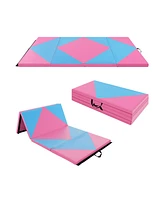 Vebreda 8 Feet Pu Leather Folding Gymnastics Mat with Hook and Loop Fasteners-Pink & Blue