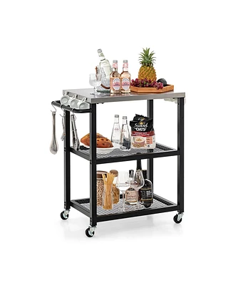 Sugift 3-Tier Foldable Outdoor Stainless Steel Food Prepare Dining Cart Table on Wheels