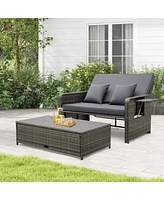 Wicker Loveseat Sofa Set Patio Rattan Daybed with Ottoman & Retractable Side Tray