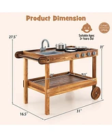 Kids Wooden Mud Play Kitchen Cart with Sink, 4 Stoves & Storage Shelf
