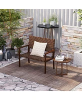 Patio Loveseat All Weather Bench with Solid Rubber Wood Frame&Hand Woven Pu Leather
