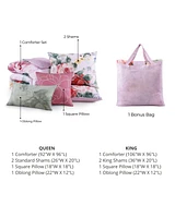 Bebejan Cool Pink Roses Bedding 100% Cotton 5 Piece King Size Reversible Comforter Set