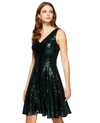 Hotsquash London Women's Sequin V Neck Fit and Flare Dress