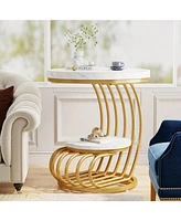 Tribesigns Gold Round End Table: 2 Tiers Side Table Set of 2 with Storage Shelf, Modern White Gold Bedside Nightstand, Metal Faux Marble Accent Table