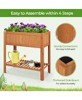 Skonyon Outdoor Raised Garden Bed Fir Wood Planter Box with Bottom Storage Shelf and Protective Liner-Brown