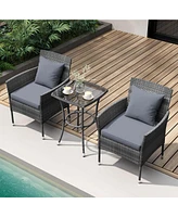 3 Pcs Patio Furniture Set with Cushioned Chairs & Tempered Glass Coffee Table