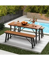 Sugift Outdoor Dining Table and Bench Set with Acacia Wood Top