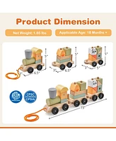 Kids Wooden Train Set Toddler 3-Section Toy Train with Stackable Building Blocks