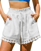 Cupshe Women's White Crinkle Ornate Hem Loose Leg Shorts