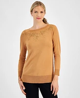 Jm Collection Women's Applique Boat-Neck Sweater, Created for Macy's