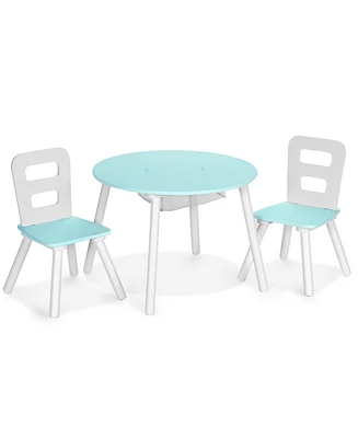 Costway Kids Wooden Round Table & 2 Chair Set w/ Center Mesh Storage