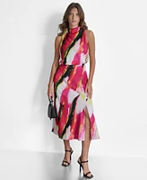 Dkny Women's Marbled-Print Draped-Neck Sleeveless Dress