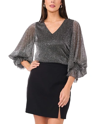 Vince Camuto Women's Metallic V-Neck Sheer-Sleeve Top