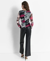 Dkny Women's Printed-Mesh Ruched-Side Long-Sleeve Top