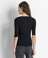 Dkny Women's Embellished-Neck Half-Sleeve Ribbed Sweater