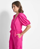 Dkny Women's V-Neck Zip-Front Short-Sleeve Top