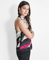 Dkny Women's Twisted-Neck Sleeveless Marbled-Print Top