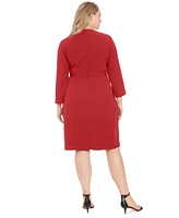 London Times Plus 3/4-Sleeve Tab-Waist Sheath Dress