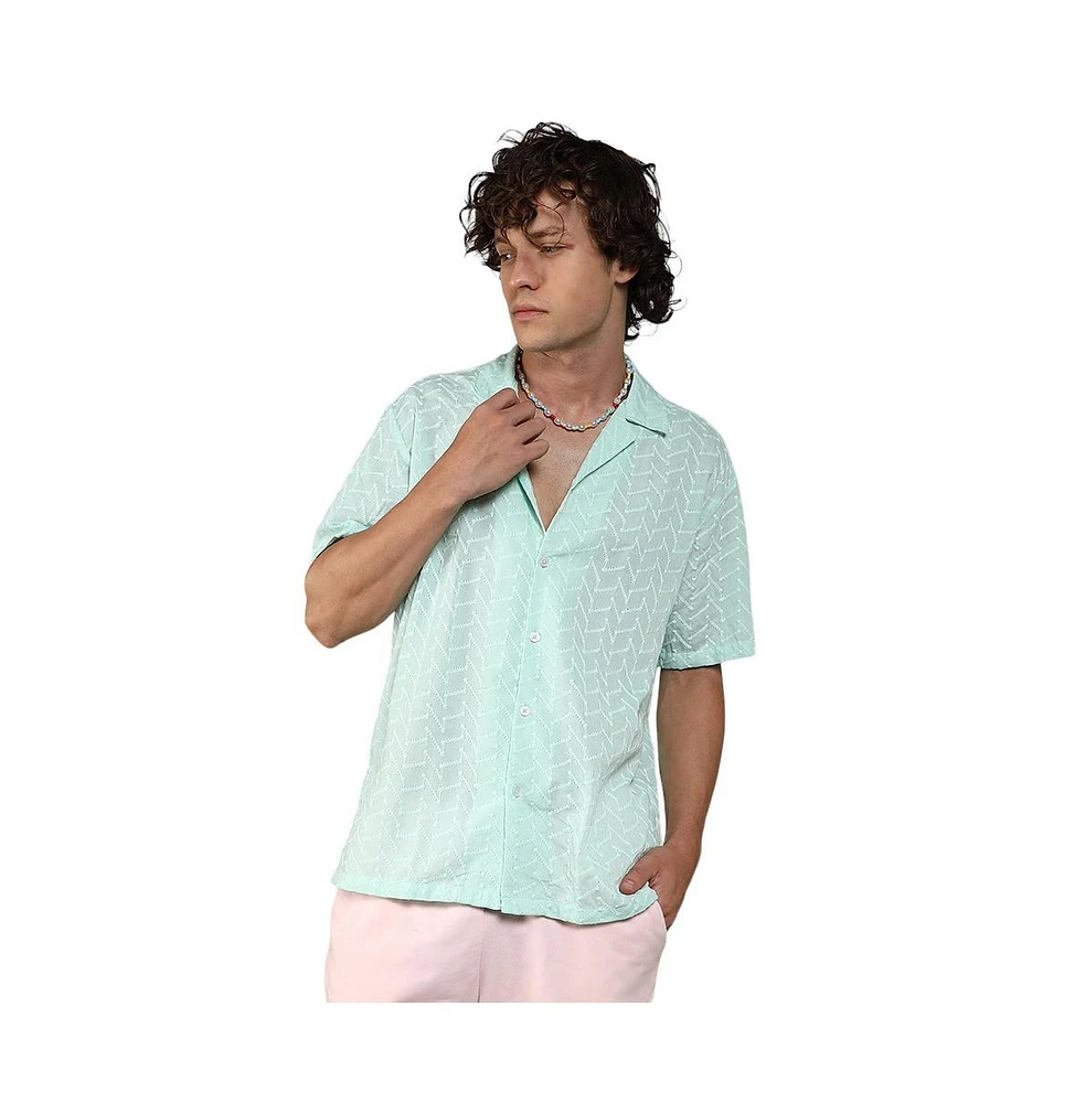 Campus Sutra Men's Mint Green Embroidered Zig-Zag Shirt