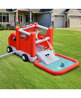 Costway Fire Truck Themed Inflatable Castle Water Park Kids Bounce House w/ 480W Blower