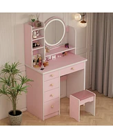Famapy 5-Drawers Pink Wood Makeup Vanity Set Dressing Desk
