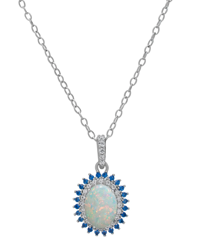 Lab Grown Opal (5/8 ct. t.w.), Blue Spinel (1/5 ct. t.w.), & Lab Grown White Sapphire Accent Halo 18" Pendant Necklace in Sterling Silver