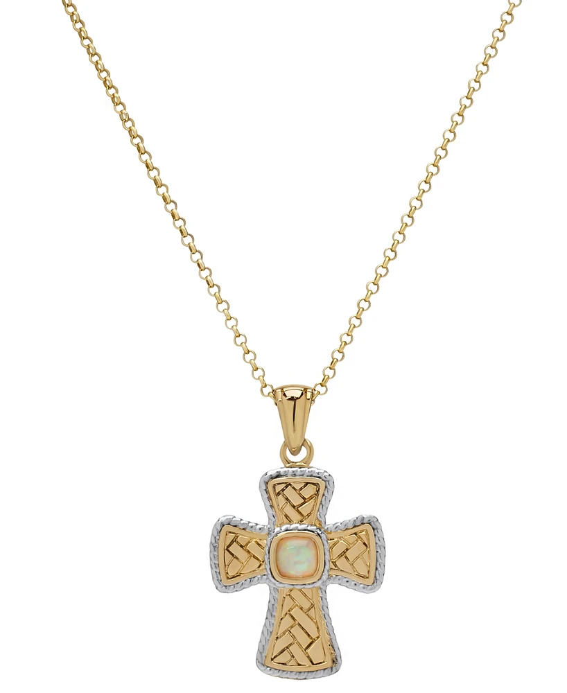 Lab Grown Opal Textured Cross 18" Pendant Necklace (1/8 ct. t.w.) in Sterling Silver & 14k Gold-Plate