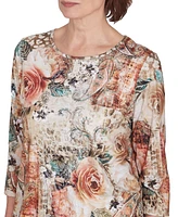 Alfred Dunner Petite Center Lace Floral-Print Top